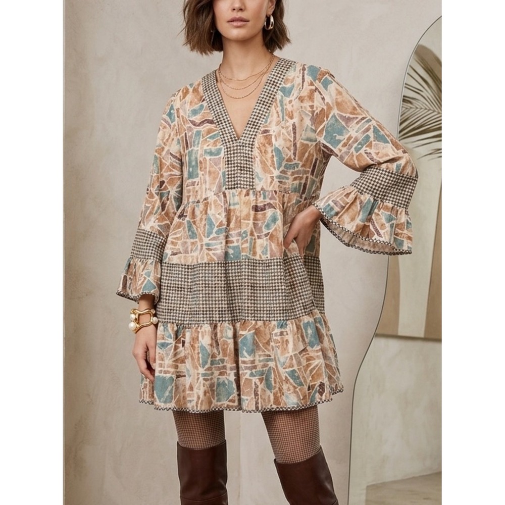 Entro Mixed Print Babydoll Tunic Dress XL Abstract Houndstooth Bell Sleeve Boho